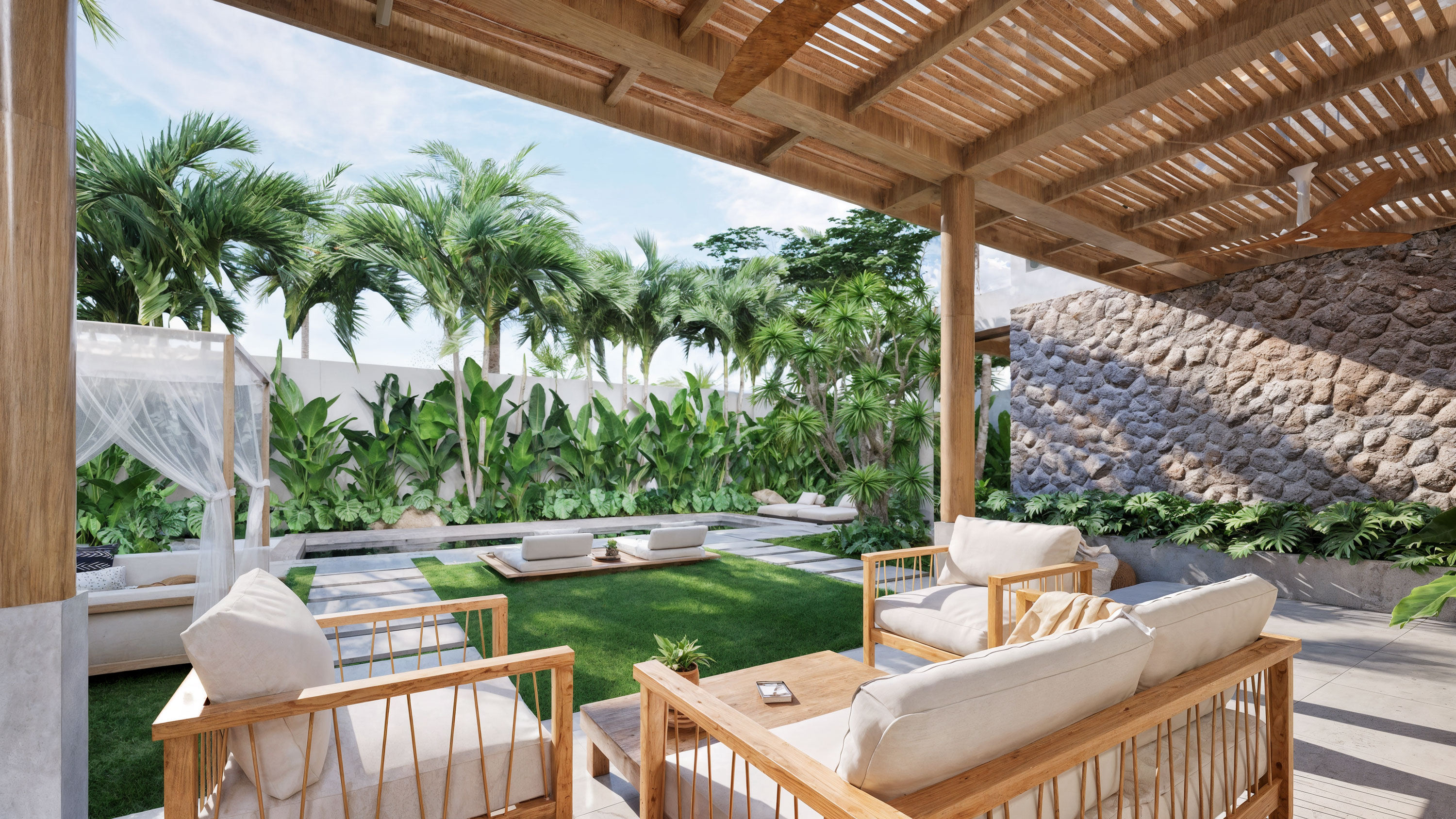 Covered terrace looking onto pool and garden